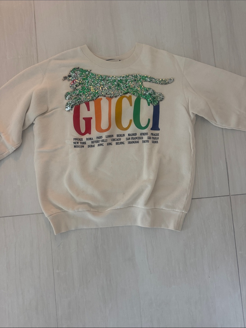 Gucci Cream Crewneck with Rainbow Logo and Green Sequin